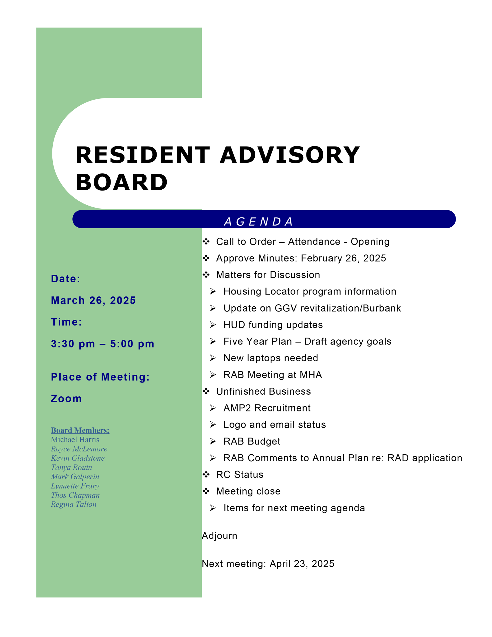 March 2025 agenda