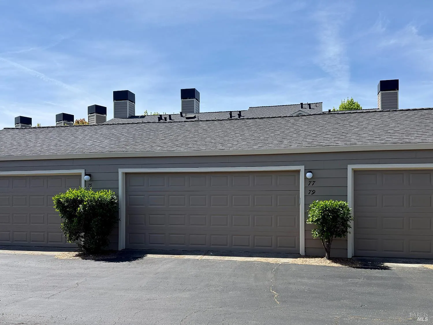 Row of gray garage doors under a shingled roof with several chimneys and small shrubs in front