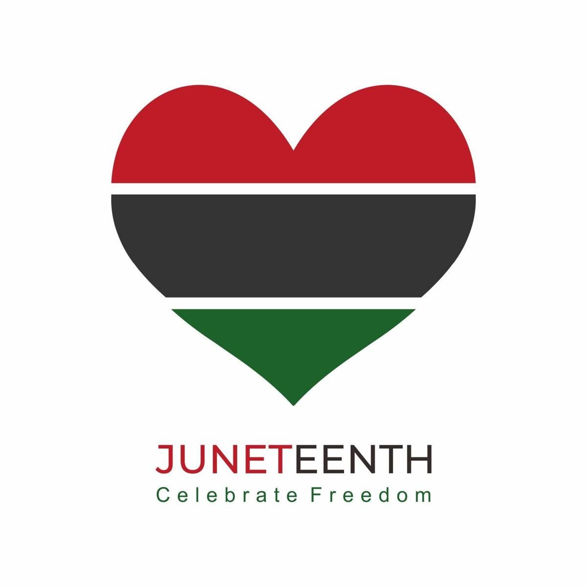 A heart shaped flag with the words juneteenth celebrate freedom on it.