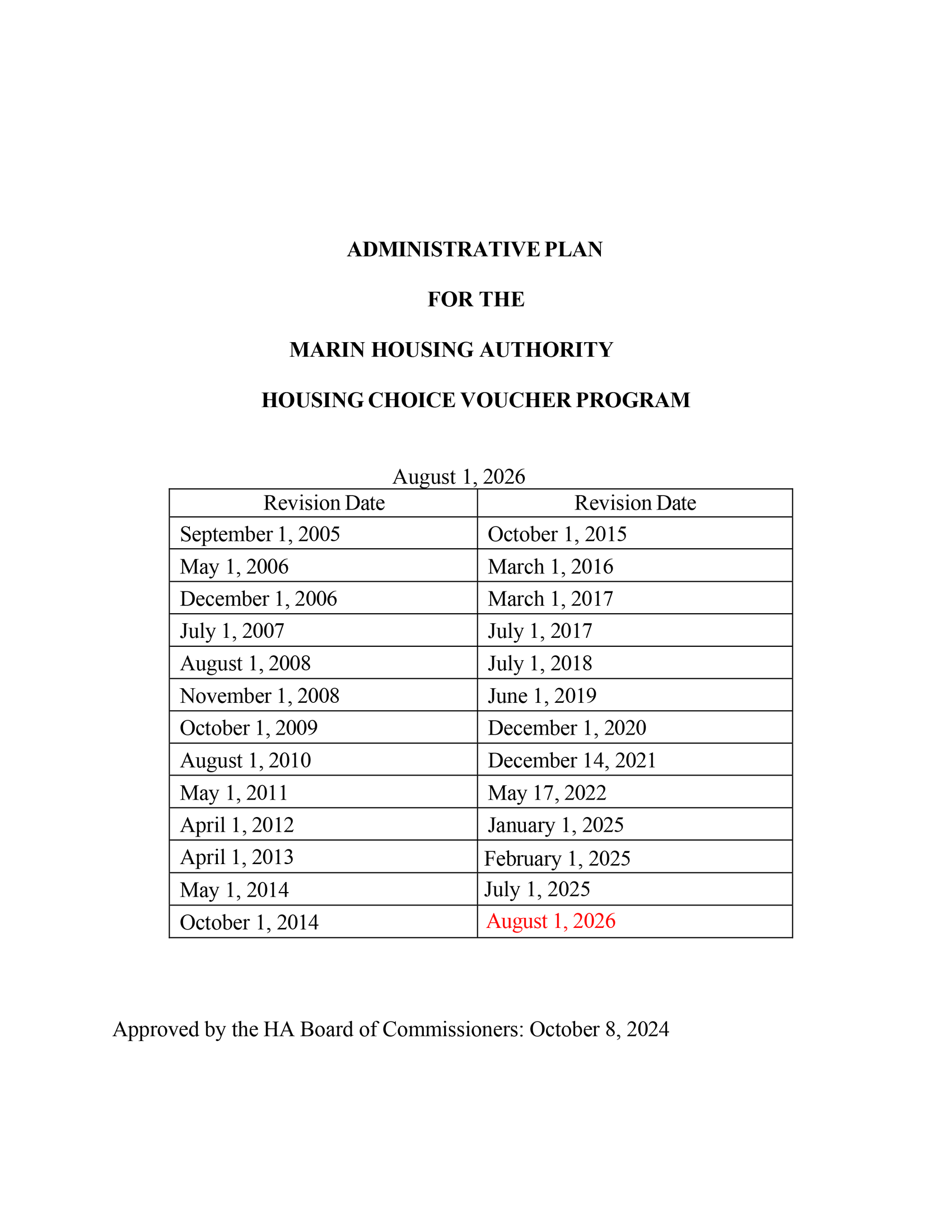 Administrative Plan for the HCV Program August 2026