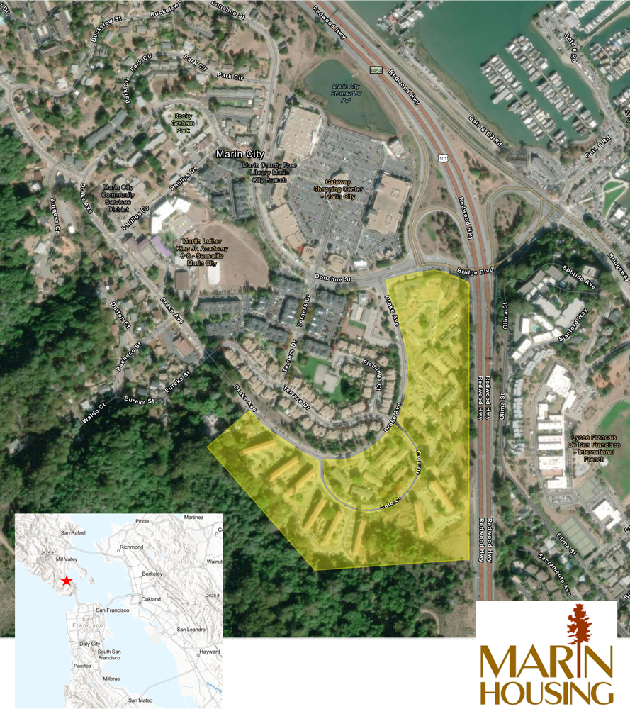 An aerial view of a residential area called marin housing