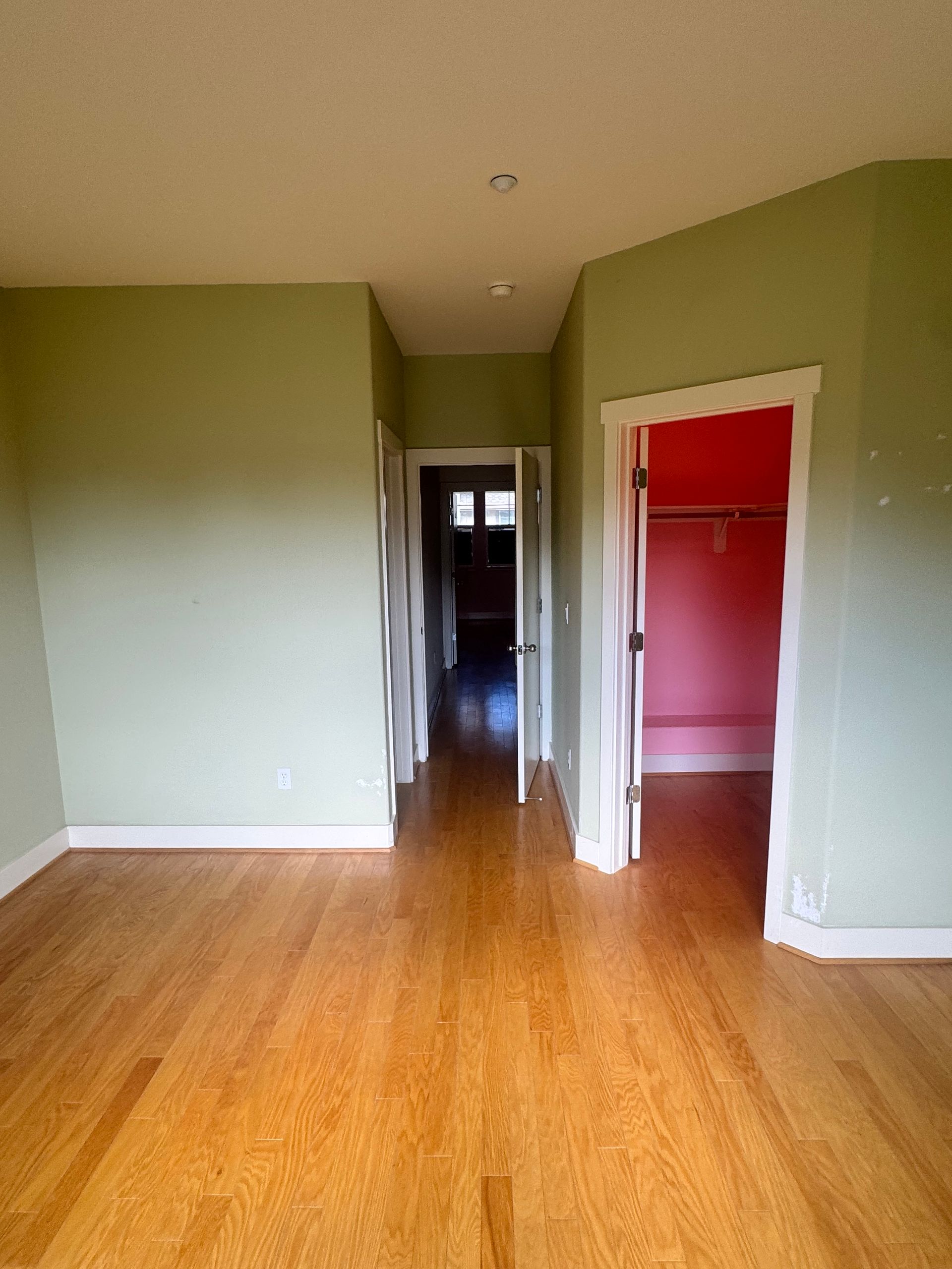 A room with hardwood floors, green walls, and doorways leading to other rooms, one pink.