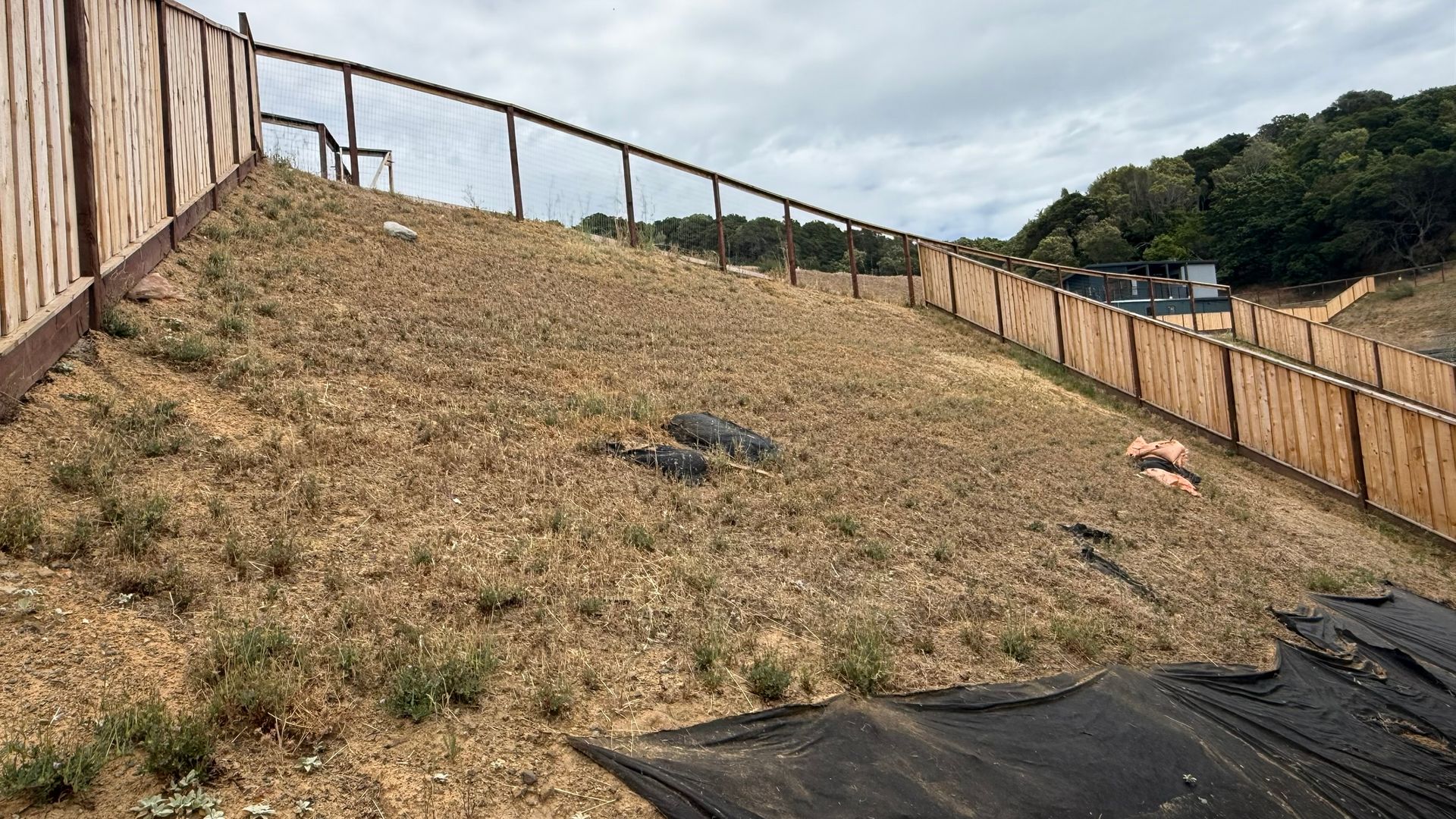 Eroded grassy slope between wooden fences under a cloudy sky, with black erosion fabric in the foreground