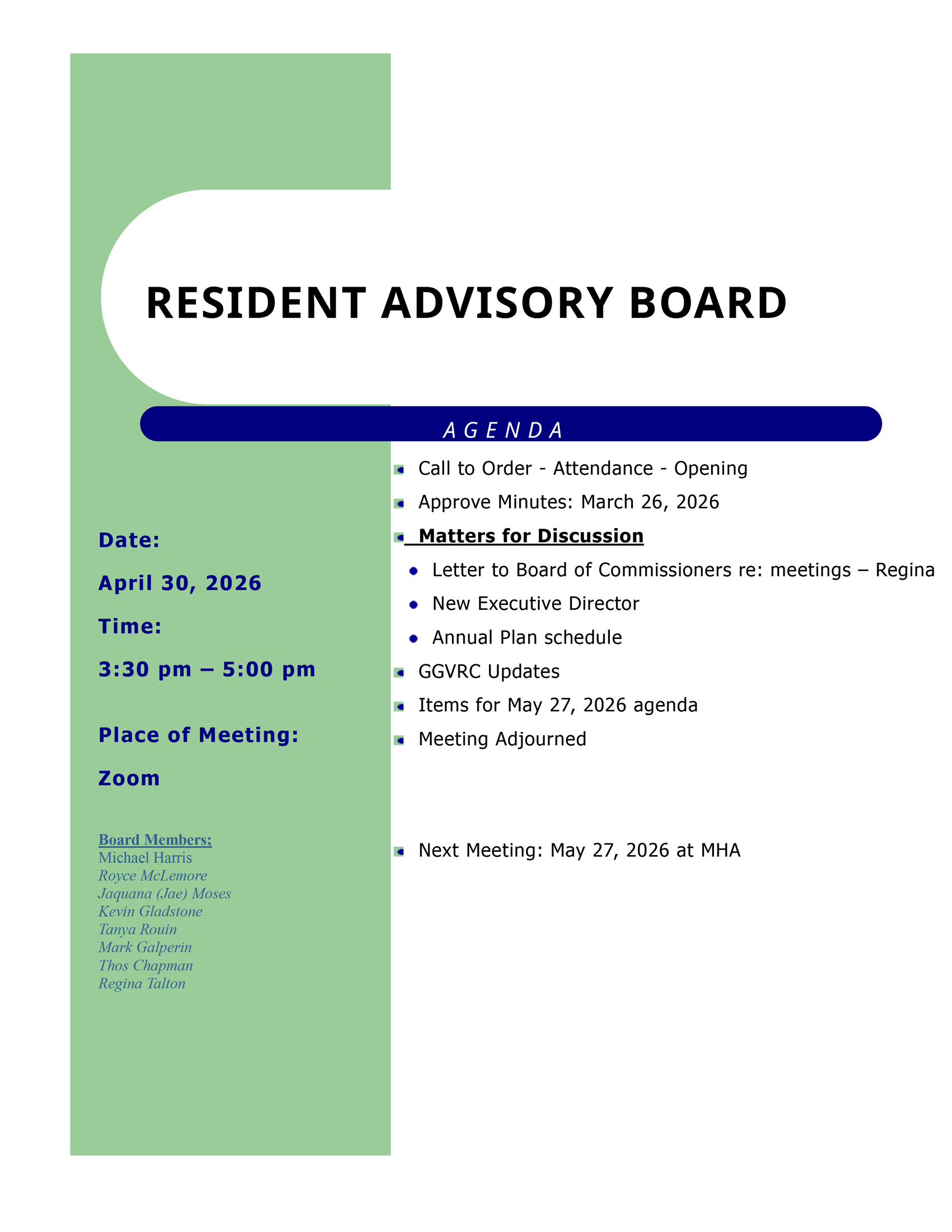 April 2026 agenda