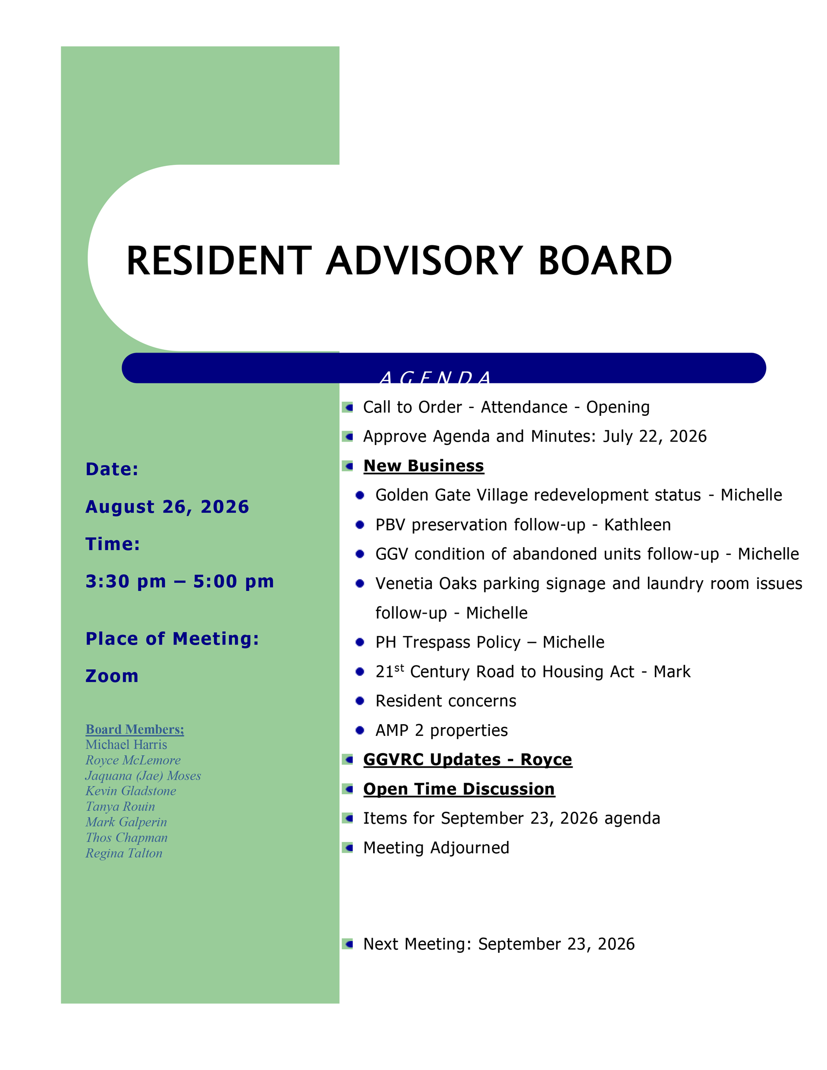 August 2026 agenda
