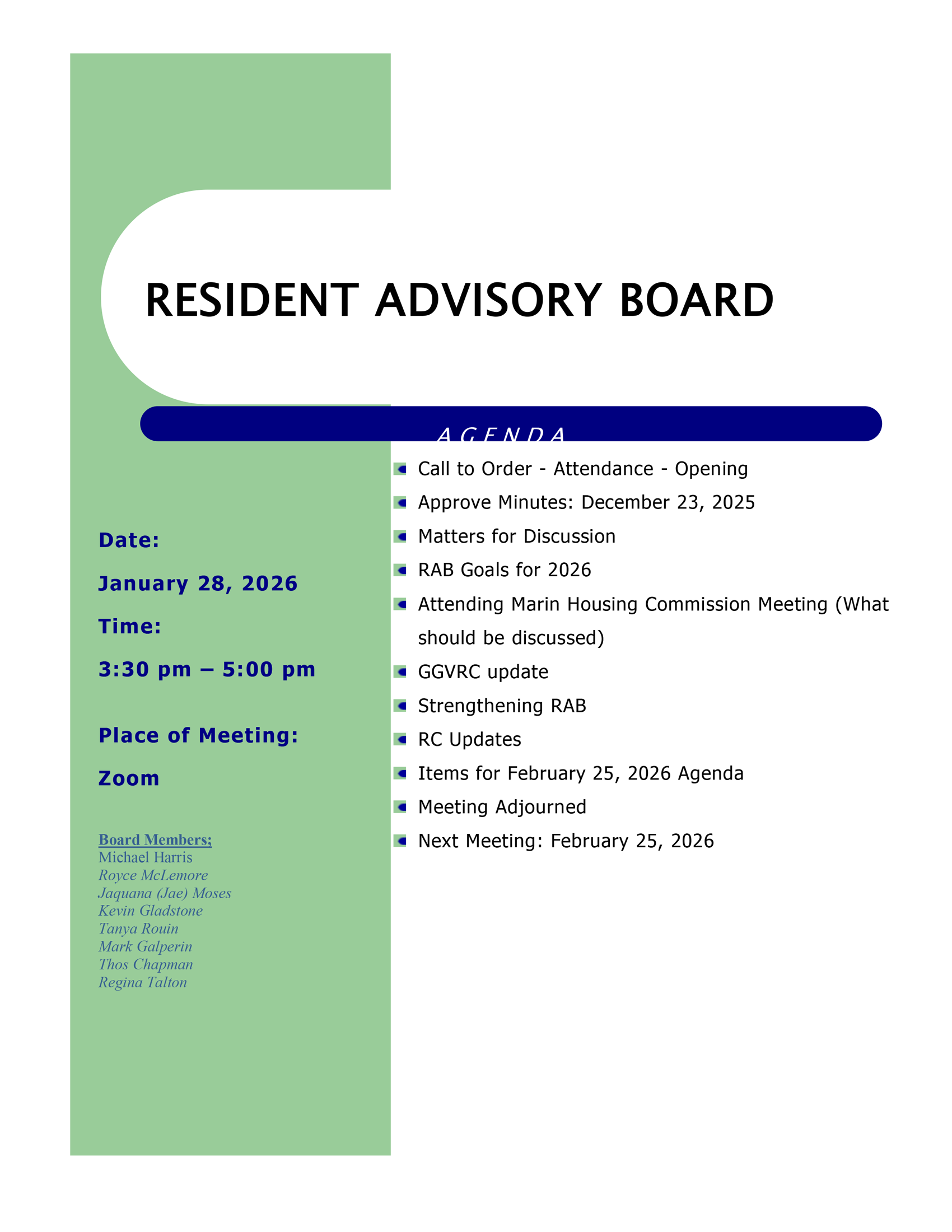January 2026 agenda