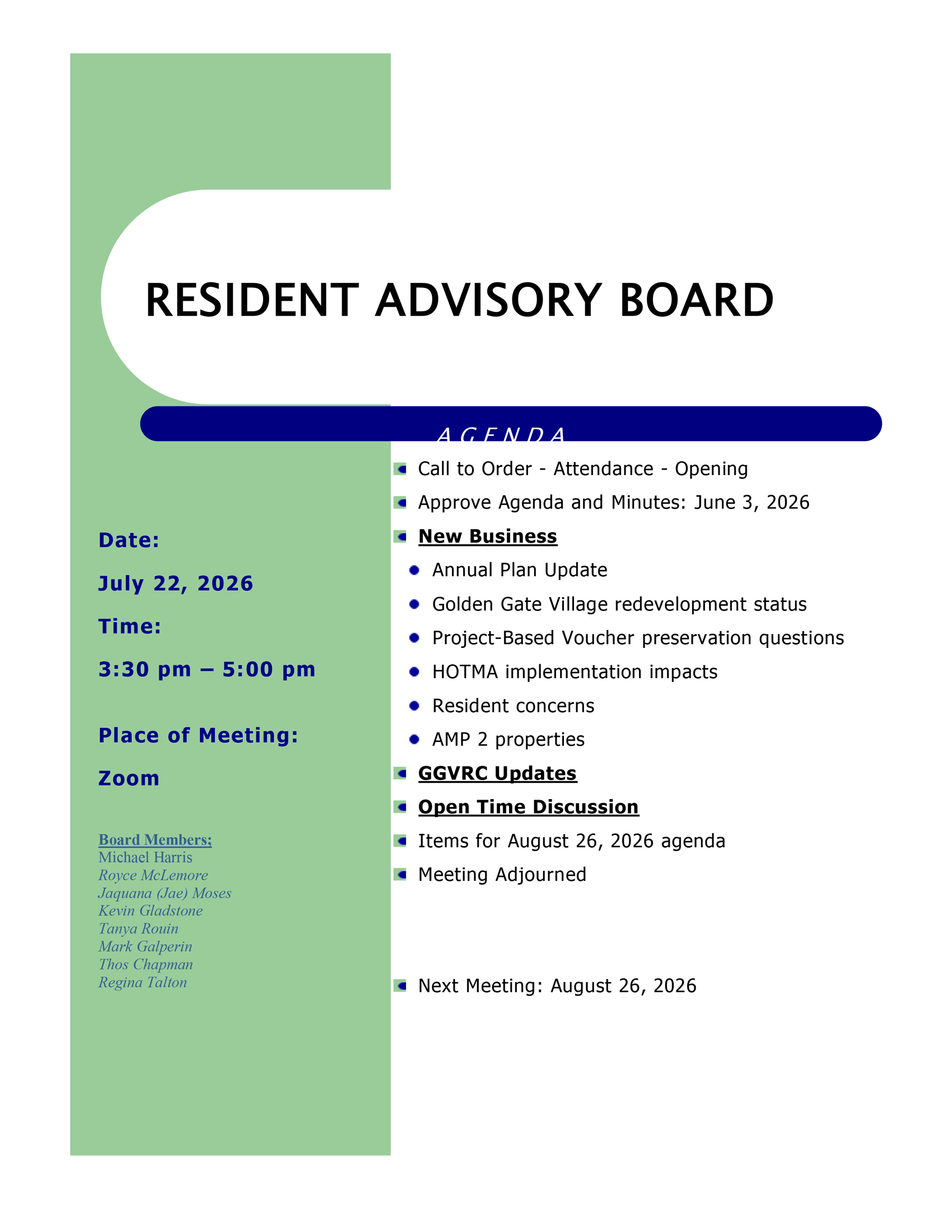 July 2026 agenda