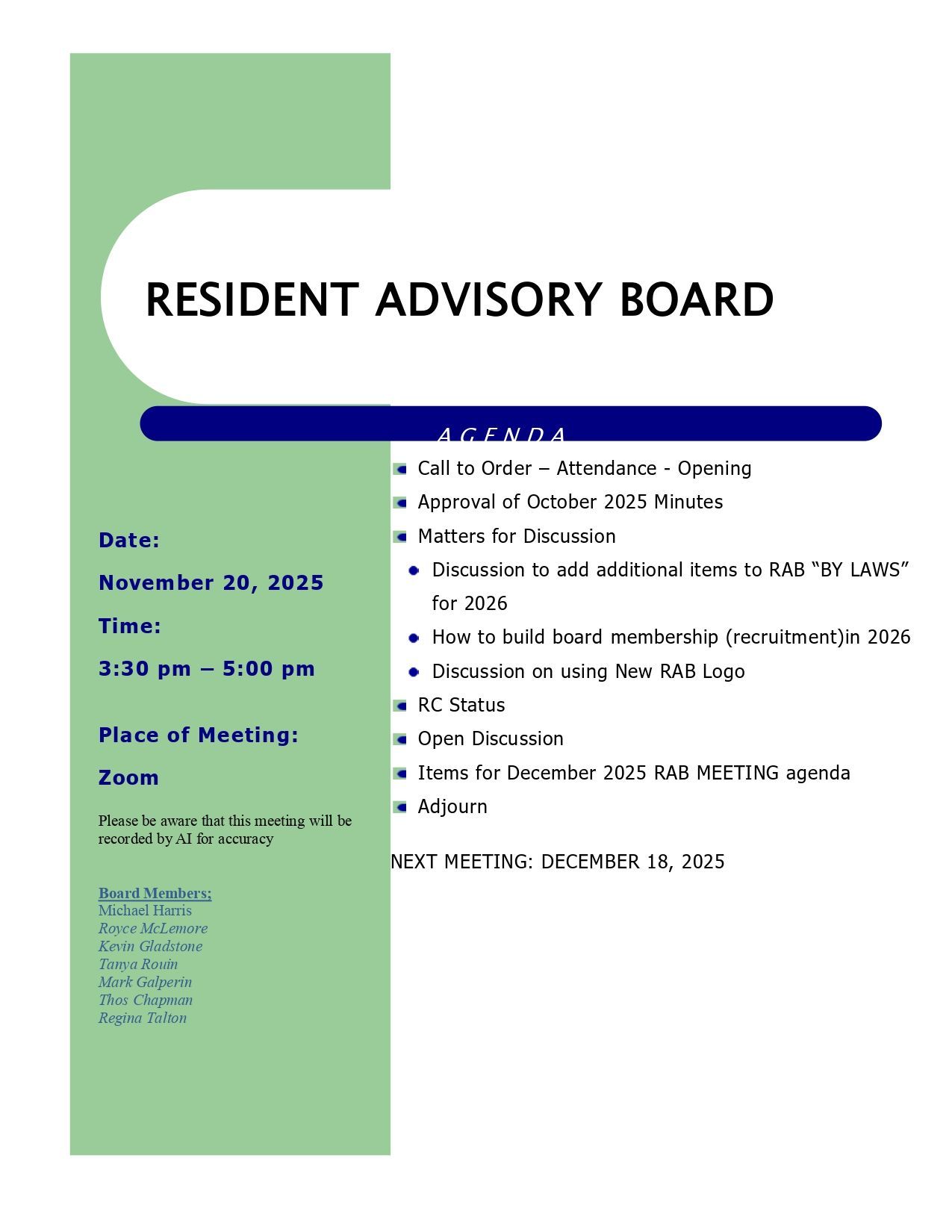 November 2025 agenda