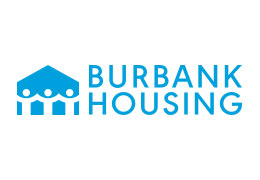 The logo for burbank housing is blue and white