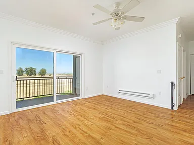 Empty room with sliding glass door to a balcony overlooking a field; wood floors, white walls, ceiling fan.