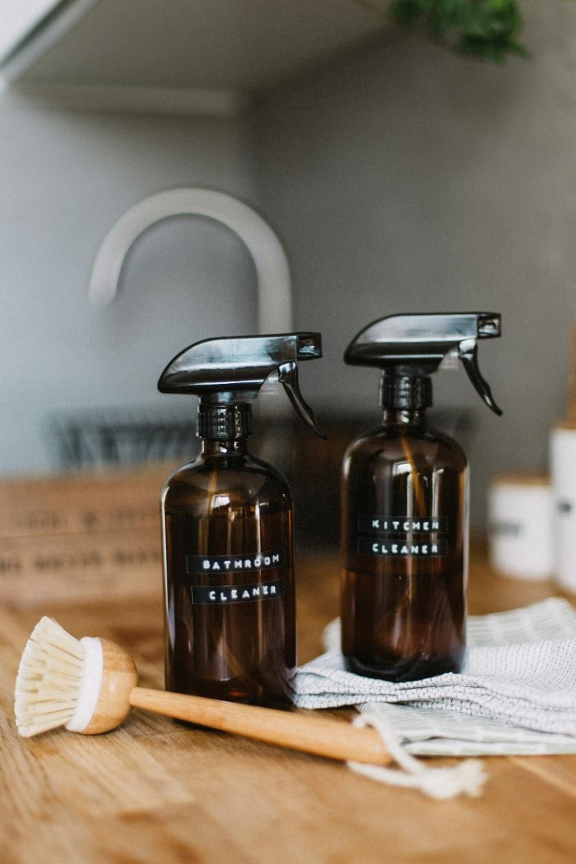 Two Spray Bottles Labeled Bathroom Cleaner and Kitchen Cleaner— Cleaners in Tamworth, NSW