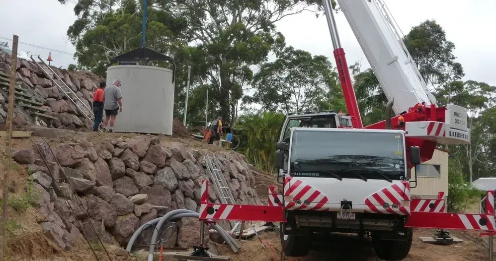 A White Truck with A Red and White Crane on Top of It — AMAC Cranes in Coolum Beach, QLD