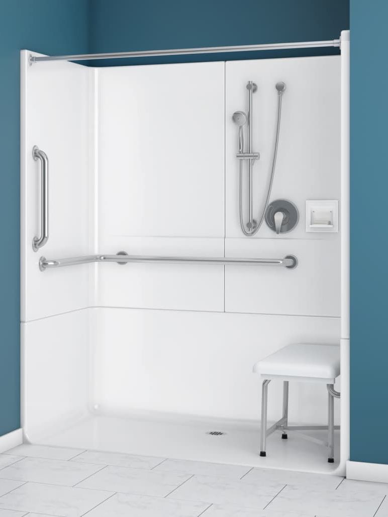 A bathroom with a walk in shower and a stool