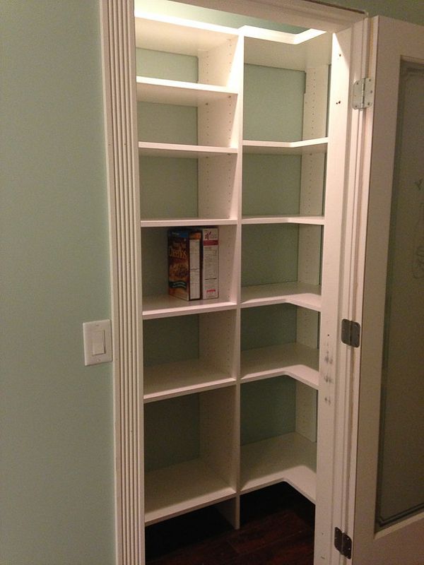 Empty white built-in closet with shelves and hanging space, viewed through an open door.