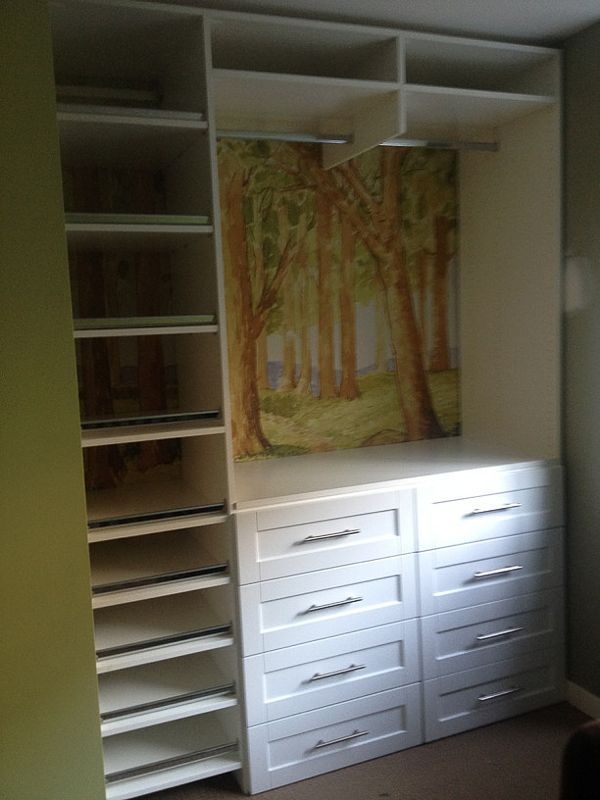 Walk-in closet with white drawers, shelves, and a forest tapestry hanging above.