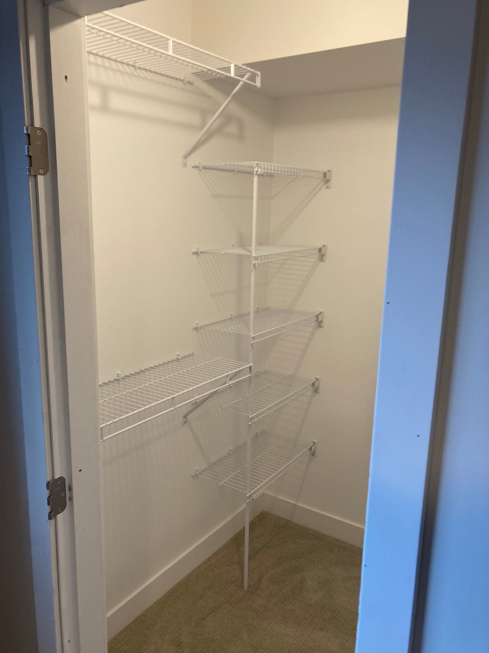 Empty white closet with wire shelving and beige carpet floor