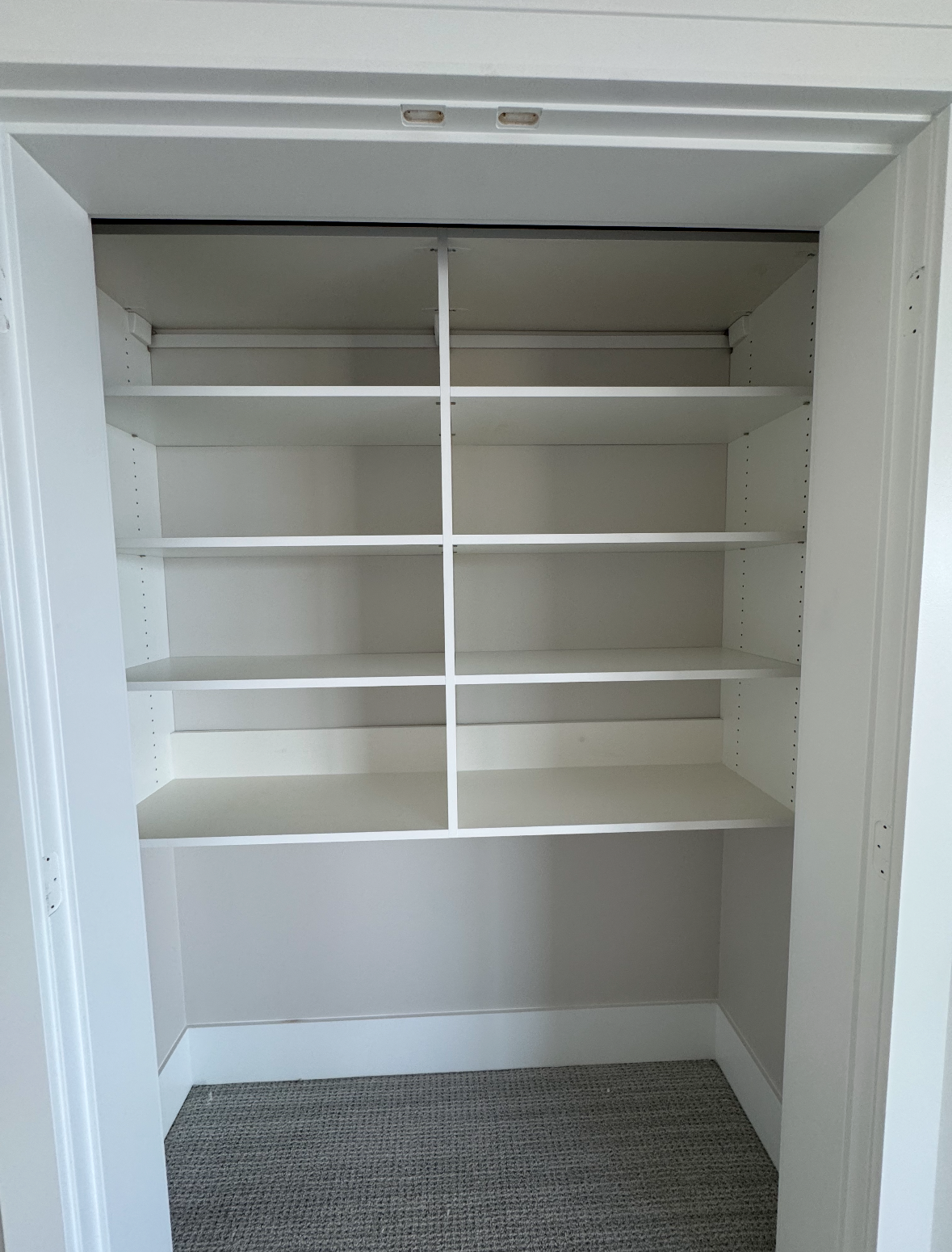 White closet with built-in shelves and hanging rod, empty except for a gray carpeted floor.