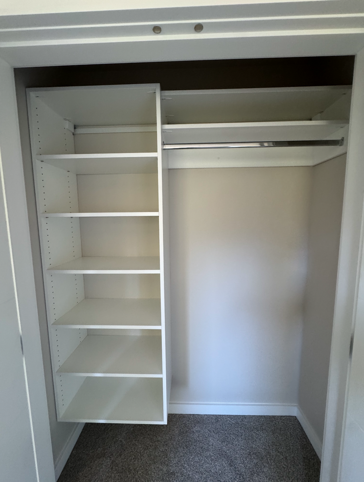 Open closet with white shelves, hanging rod, and gray carpeted floor.