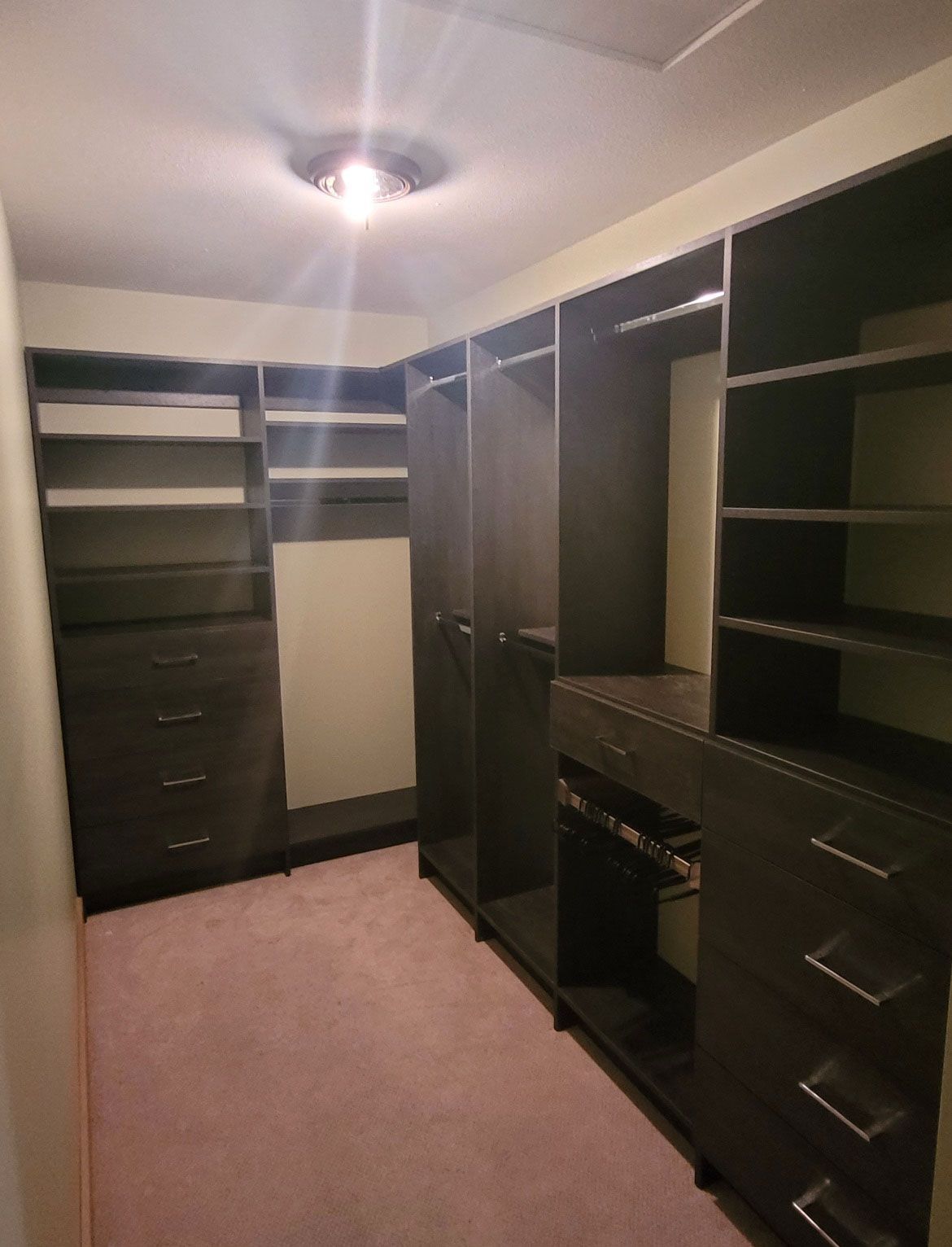 Walk-in closet with dark shelving and drawers on both sides, pink carpet, and a ceiling light.