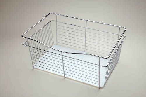 White wire storage basket with a black frame on a plain background