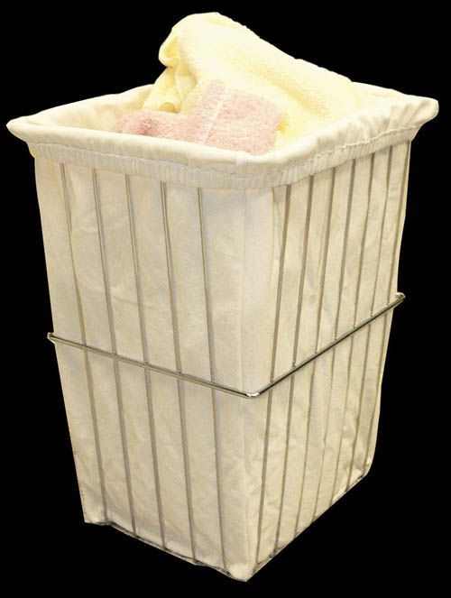 White laundry hamper filled with folded towels, secured by a metal wire frame
