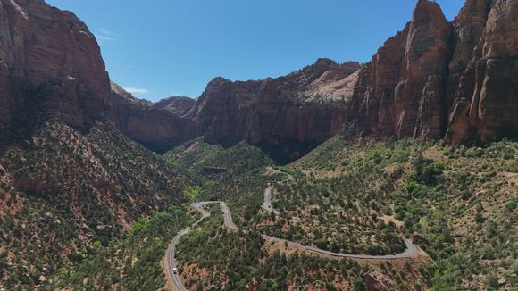 Winding road through a canyon, flanked by tall red rock cliffs and green trees under a bright blue sky.