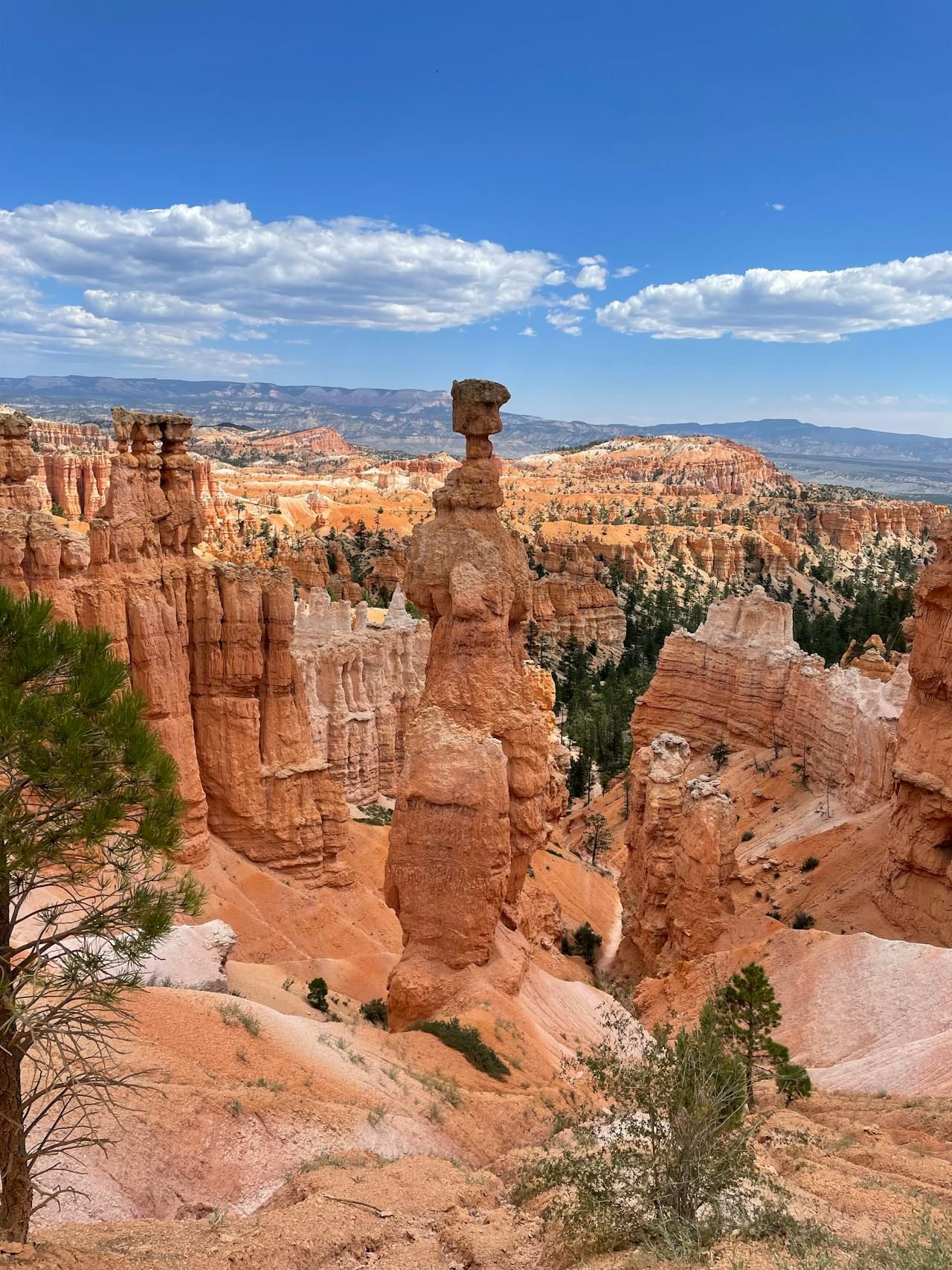 Erosion-formed hoodoo rock formation, Bryce Canyon National Park, Utah, with red-orange cliffs, blue sky, and white clouds.