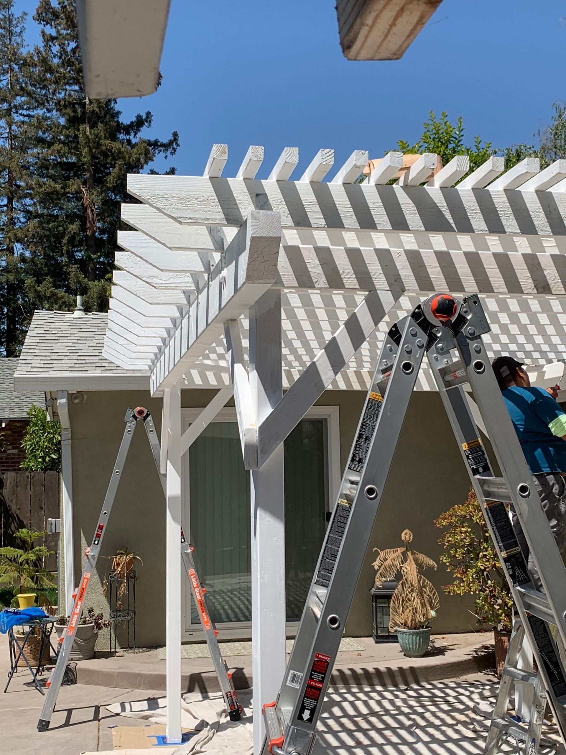 A person painting a white pergola with two ladders in a backyard on a sunny day.