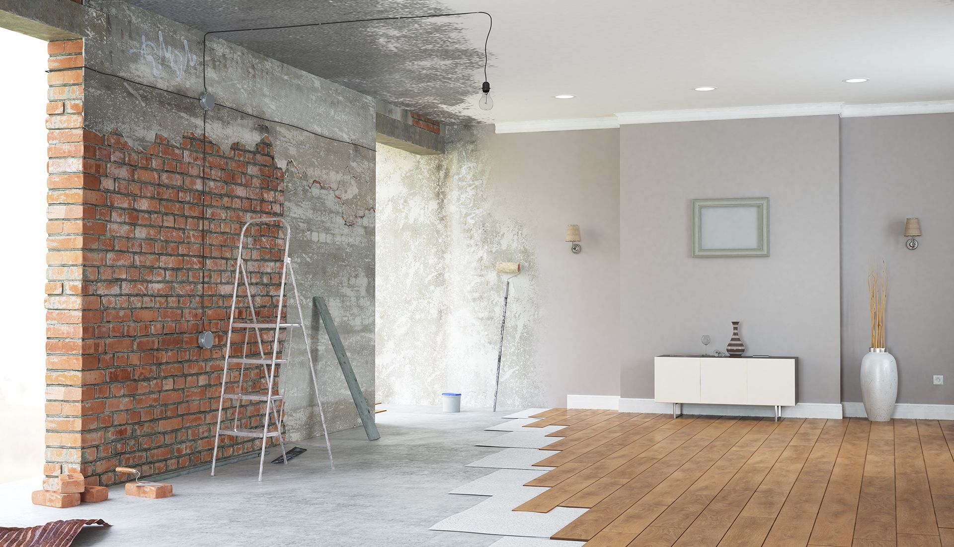 Half-finished room renovation: exposed brick and concrete on left, finished room with wood floor and painted walls on right.