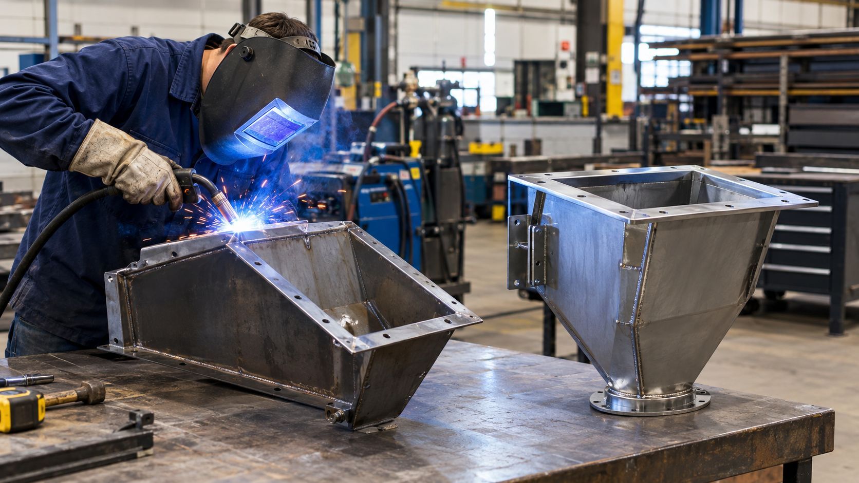 Welder in protective gear welding a metal hopper in an industrial workshop, with another hopper nearby