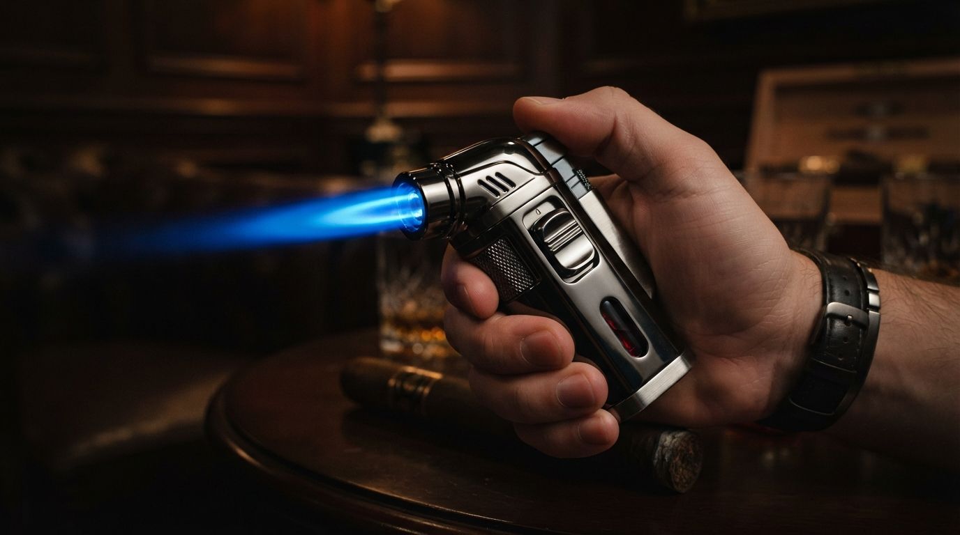 Person lighting a cigar with a lighter, close-up in a warm indoor setting.