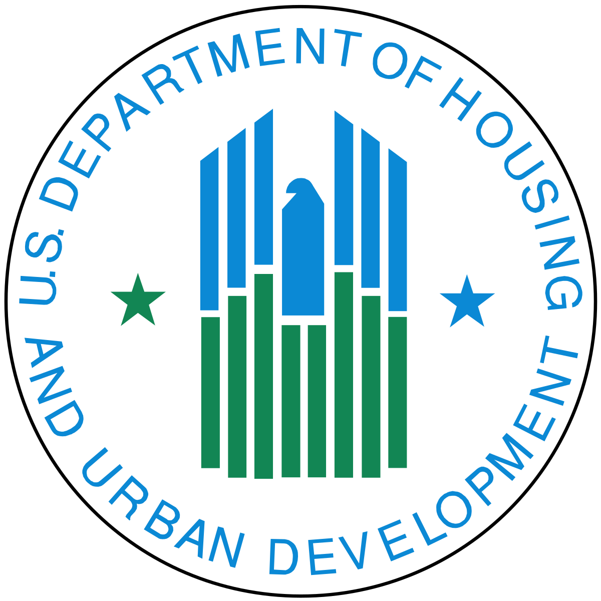 U.S. Department of Housing and Urban Development logo: a circular emblem with text, stars, and a building design in blue and green.