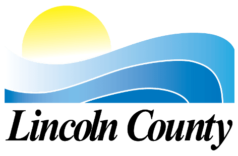 Logo for Lincoln County featuring a yellow sun and blue waves with 