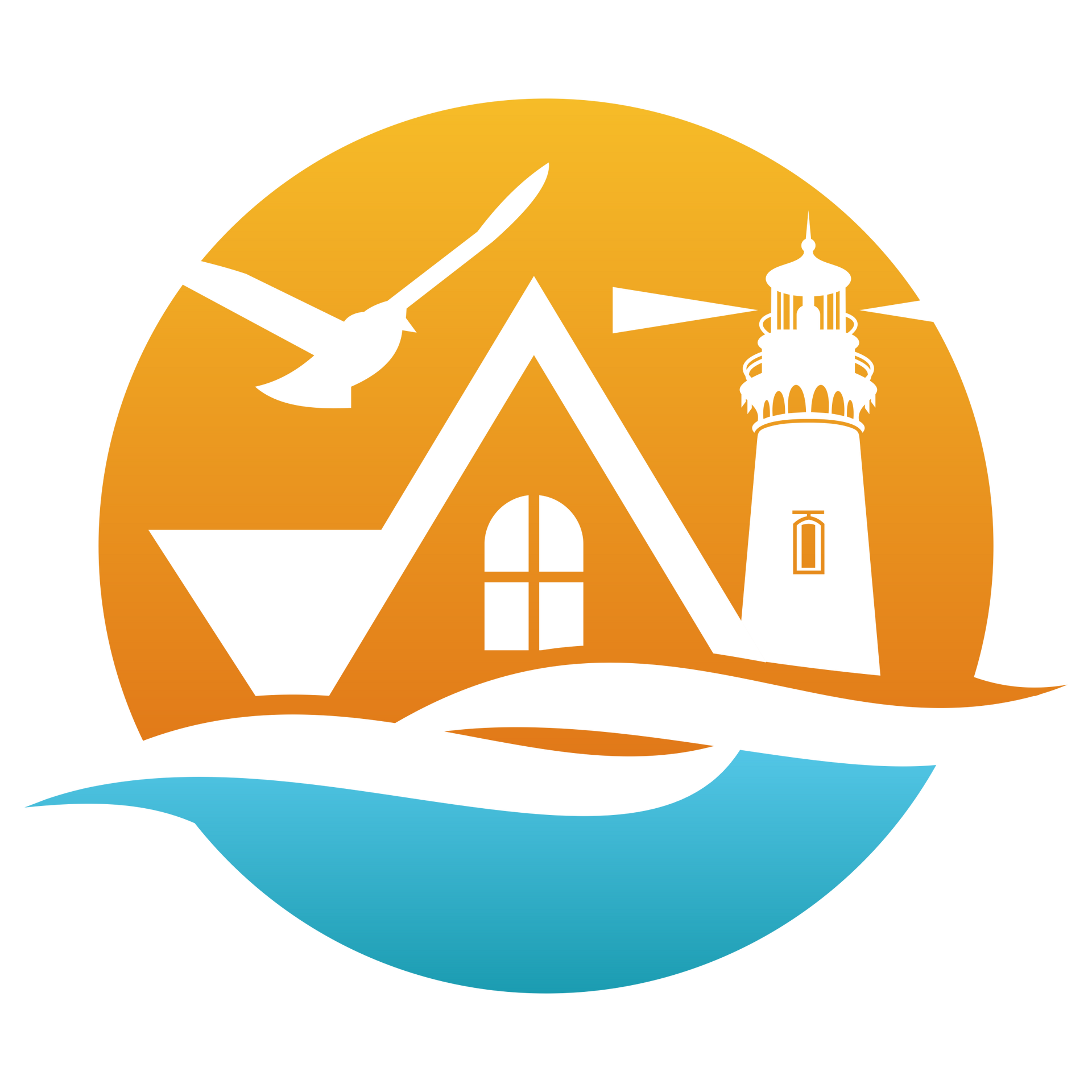 Lighthouse, house silhouette, and seagull over blue waves and orange sun.