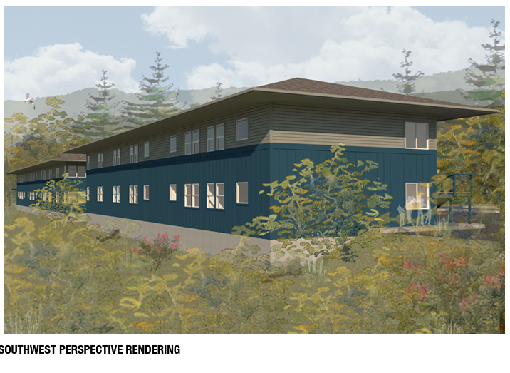 Architectural rendering of Olalla Meadows Apartments in a coastal setting. Two-story, dark-colored buildings with gray roofs and wooden balconies.