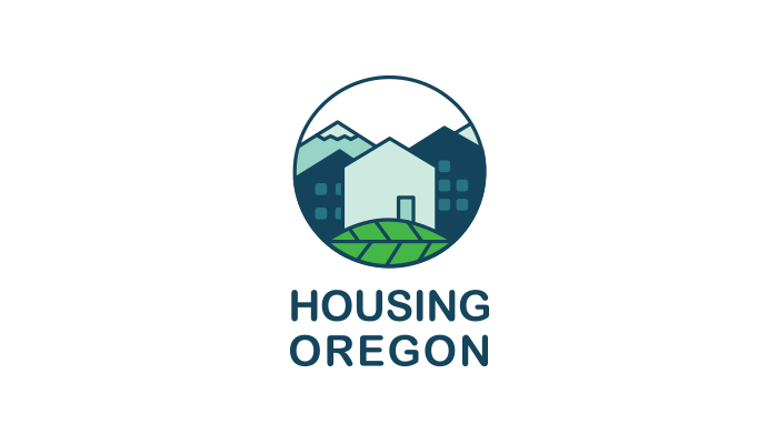Housing Oregon logo: white house, mountains, buildings, green grass within blue circle. Text: Housing Oregon.