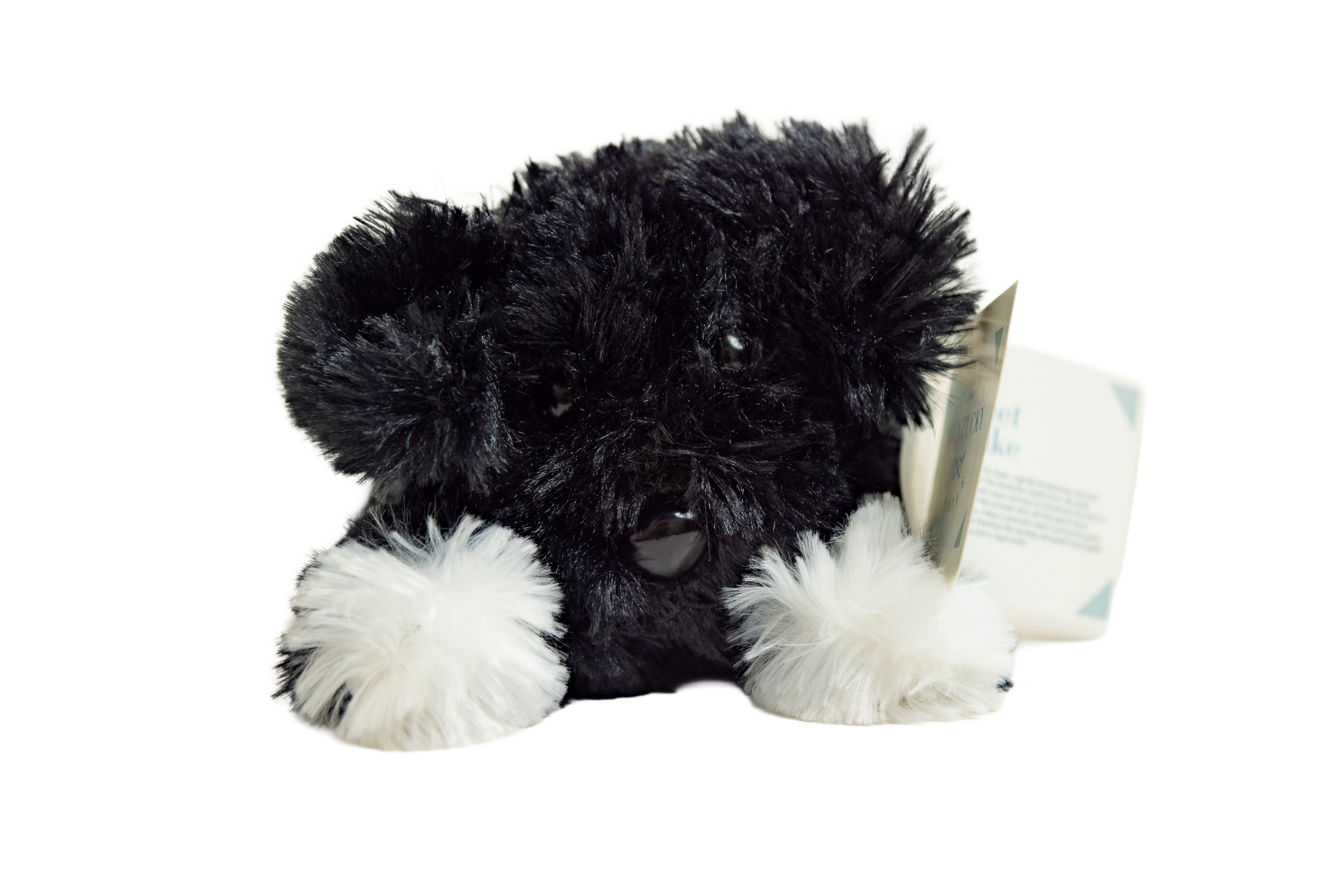 a plush toy of a dog with black and white fur