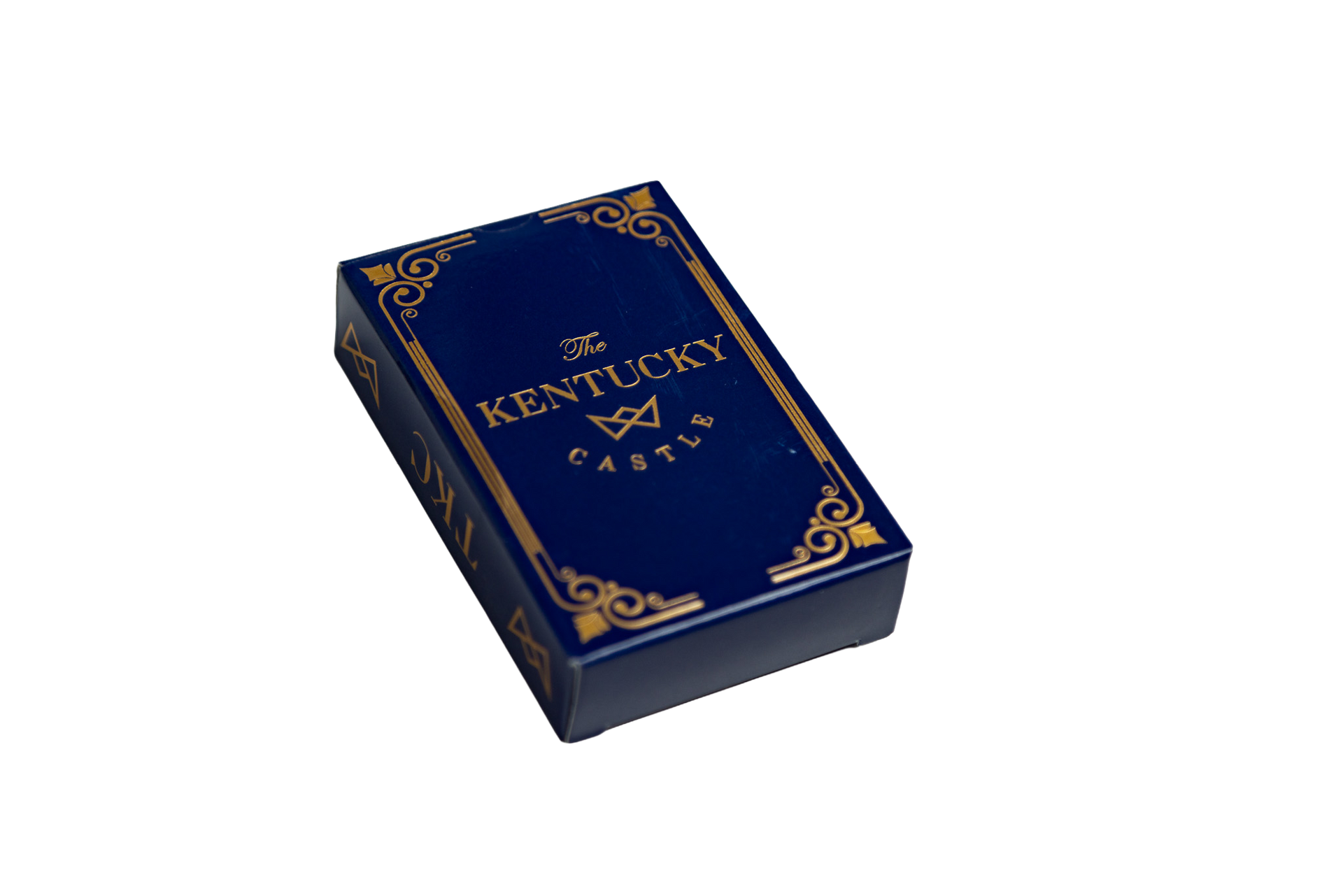 a navy blue box of playing cards with gold decorations and The Kentucky Castle logo