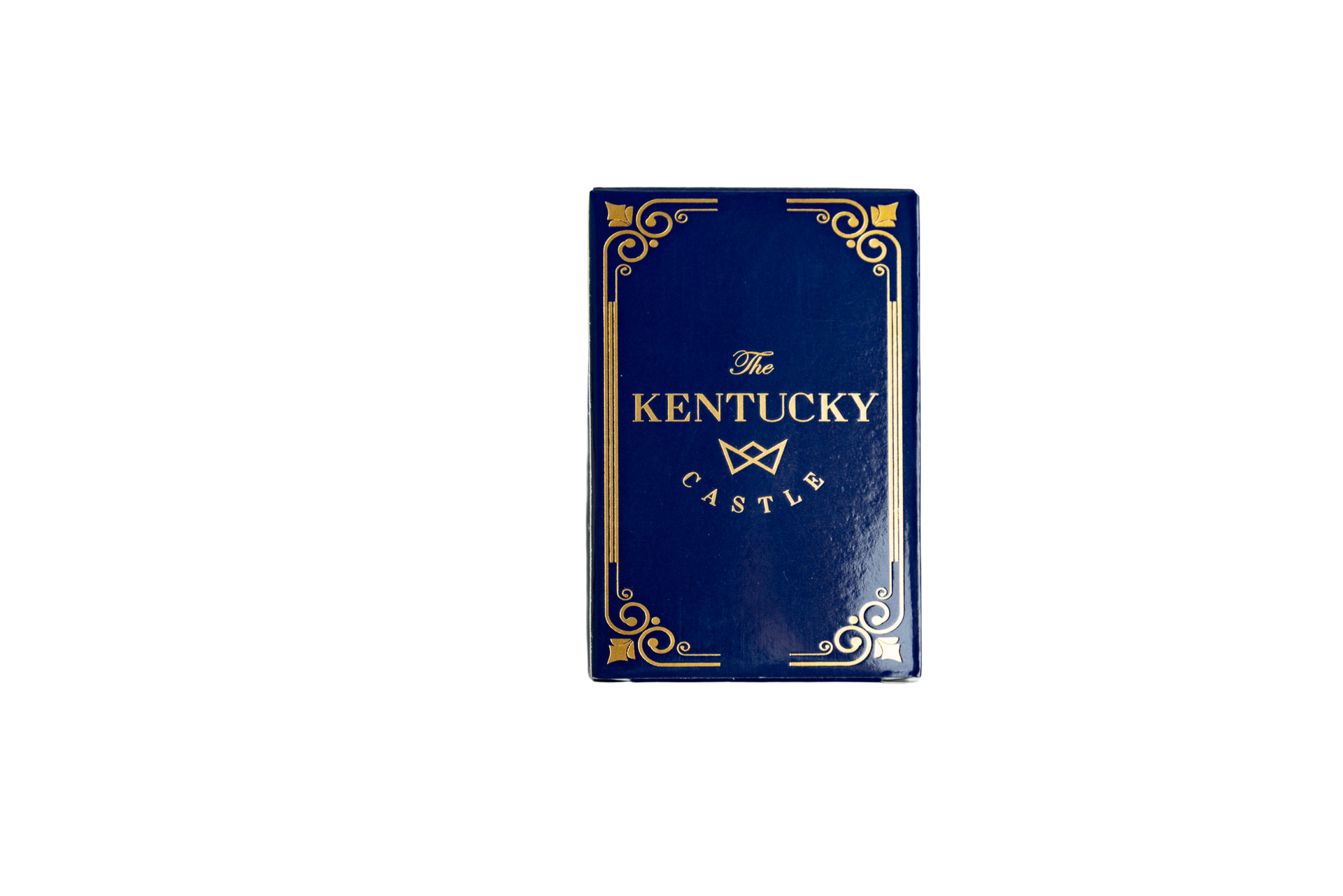 a navy blue box of playing cards with gold decorations and The Kentucky Castle logo