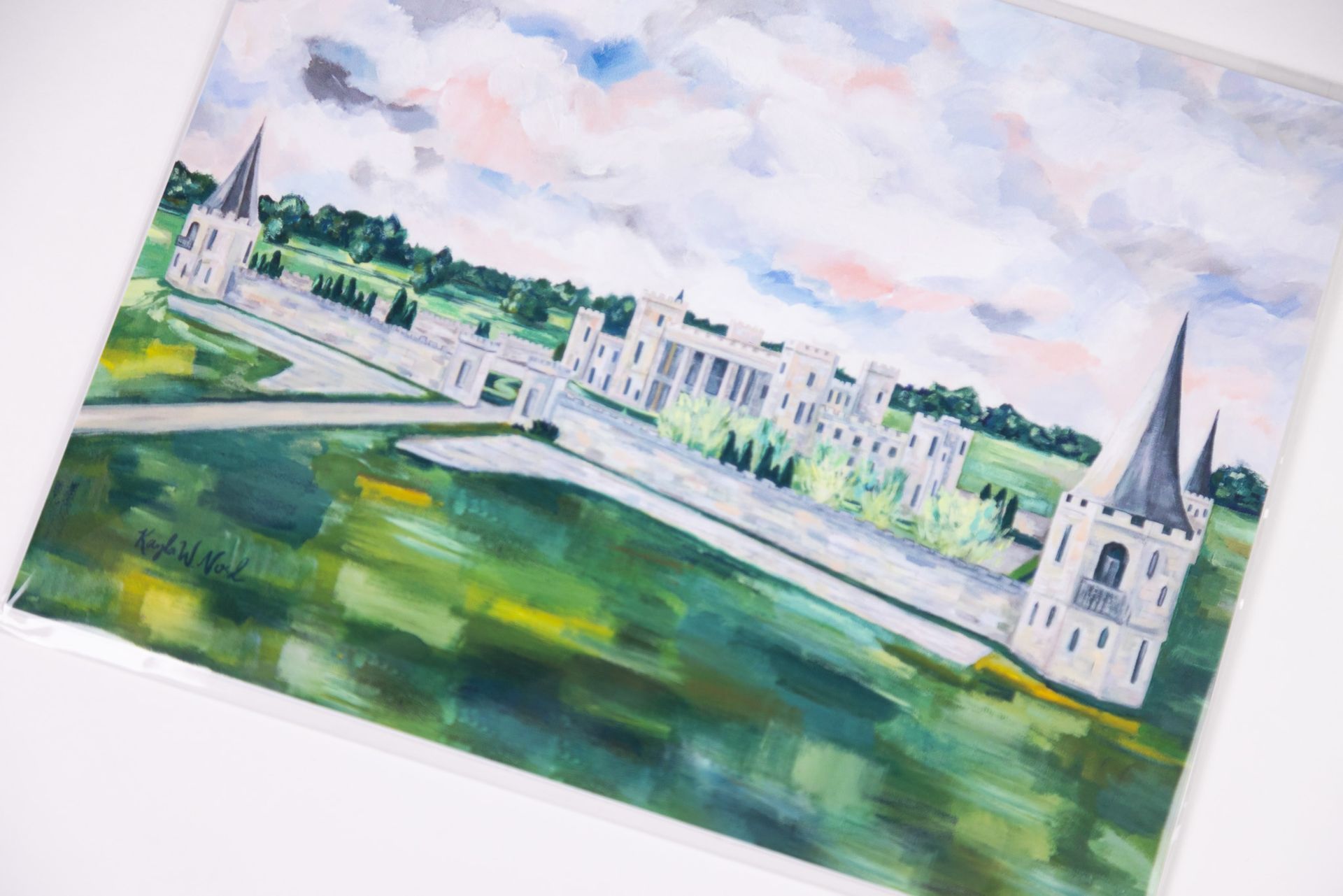 Painting of a white castle with two tall towers, surrounded by a green field under a cloudy sky.