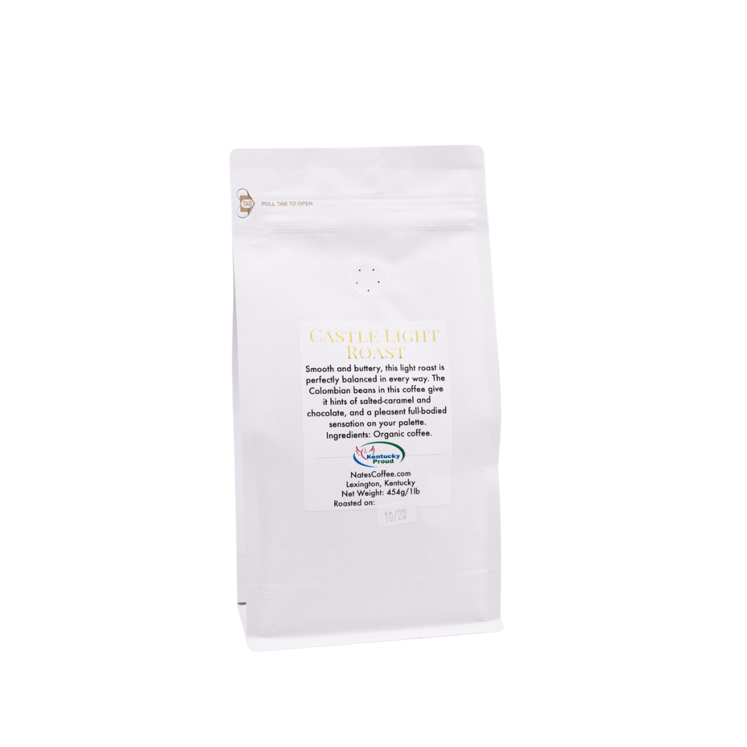 White bag of Kentucky flavored coffee, with blue and white logo.
