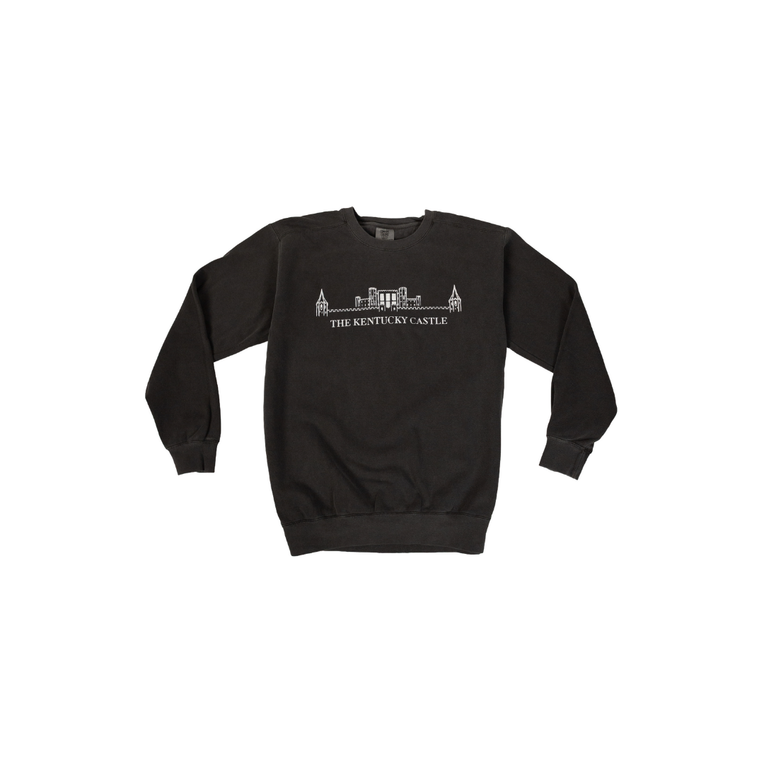 Black sweatshirt with white illustration of a building and