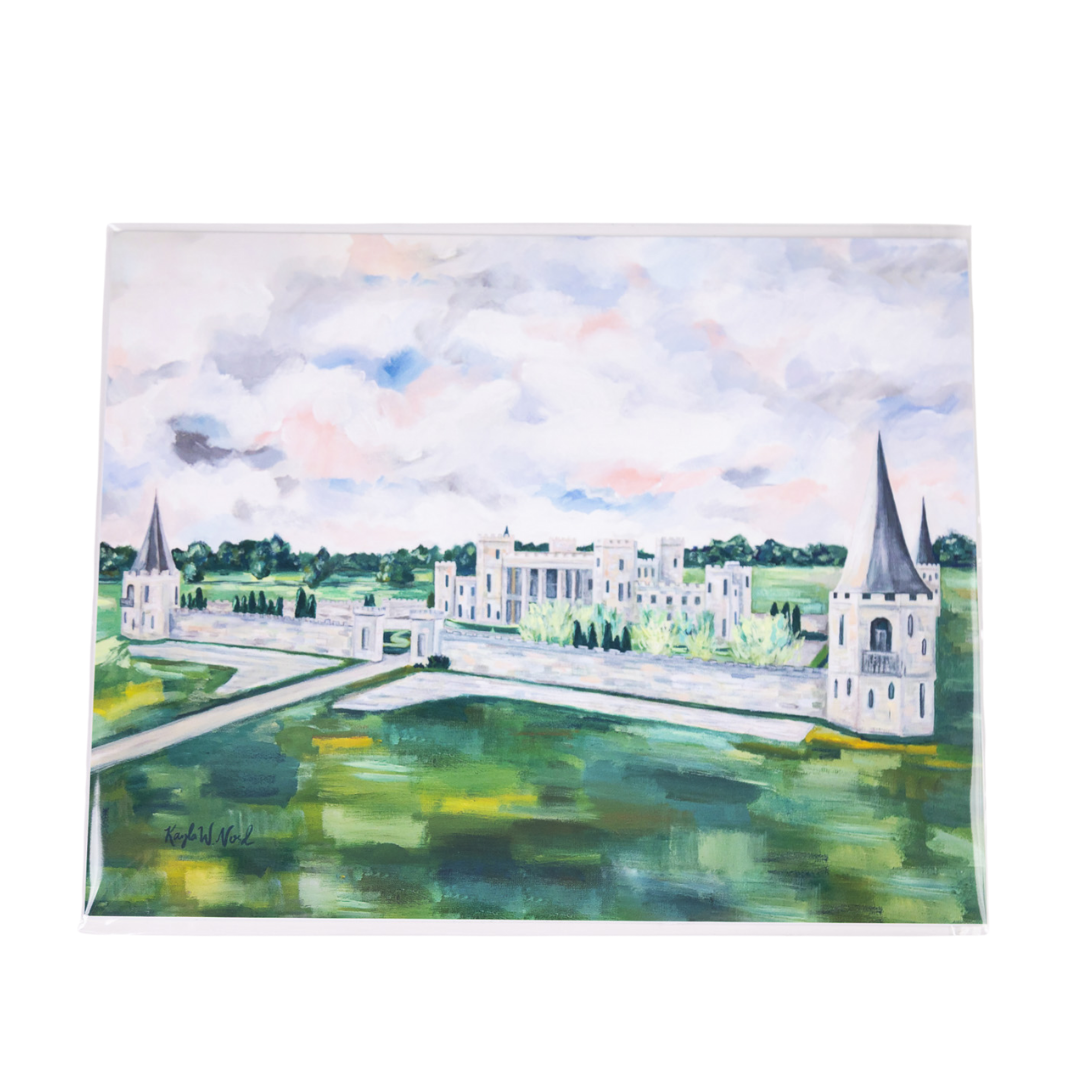 Painting of a white castle with two tall towers, surrounded by a green field under a cloudy sky.