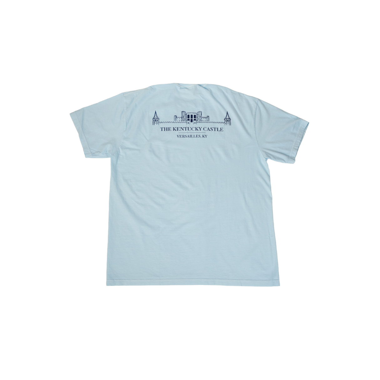 Light blue t-shirt with a small graphic on the chest, against a white background.