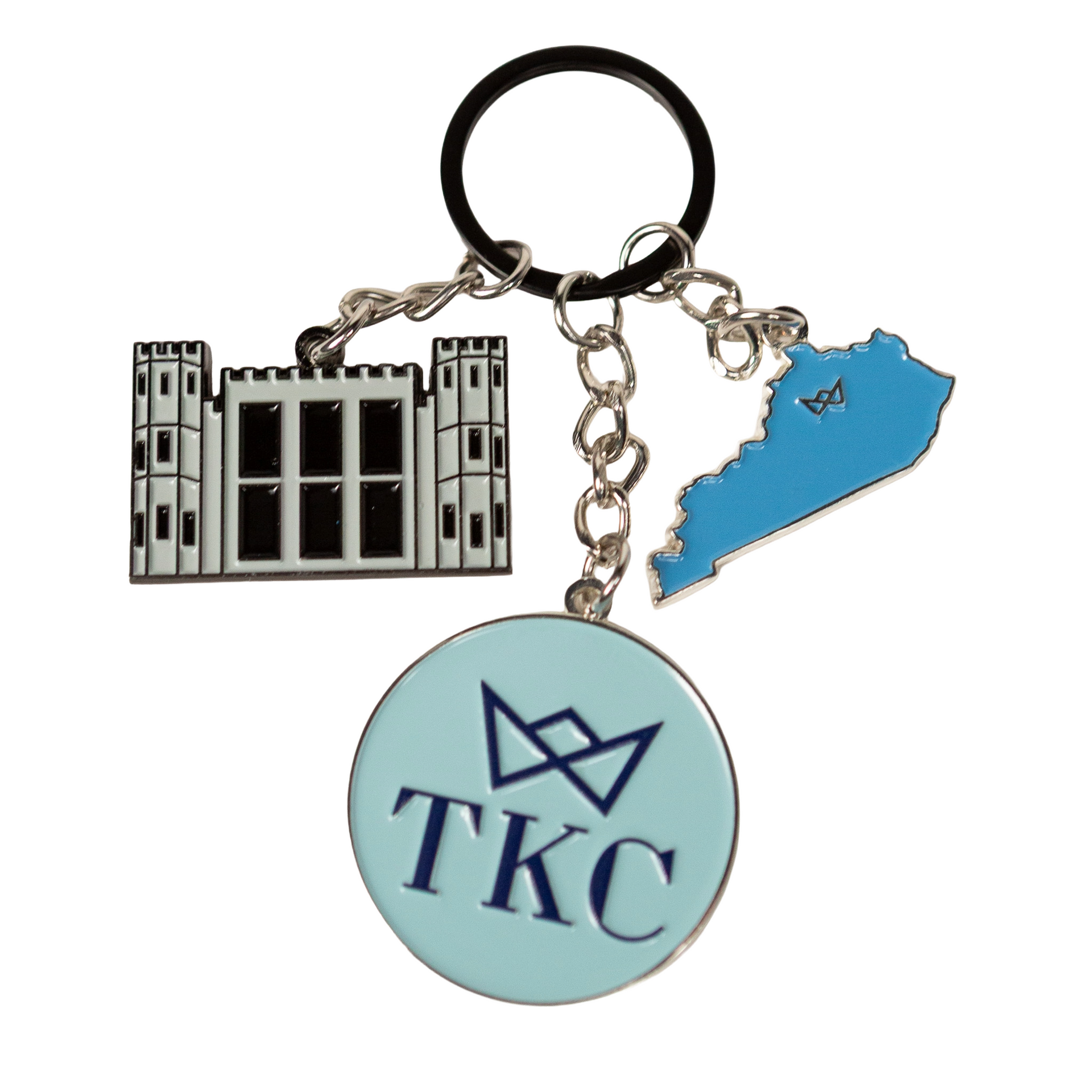 Keychains with a castle, Kentucky outline, and