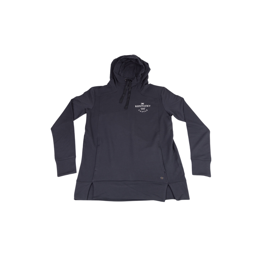 Navy blue hoodie with hood, side pockets, and white logo on chest.
