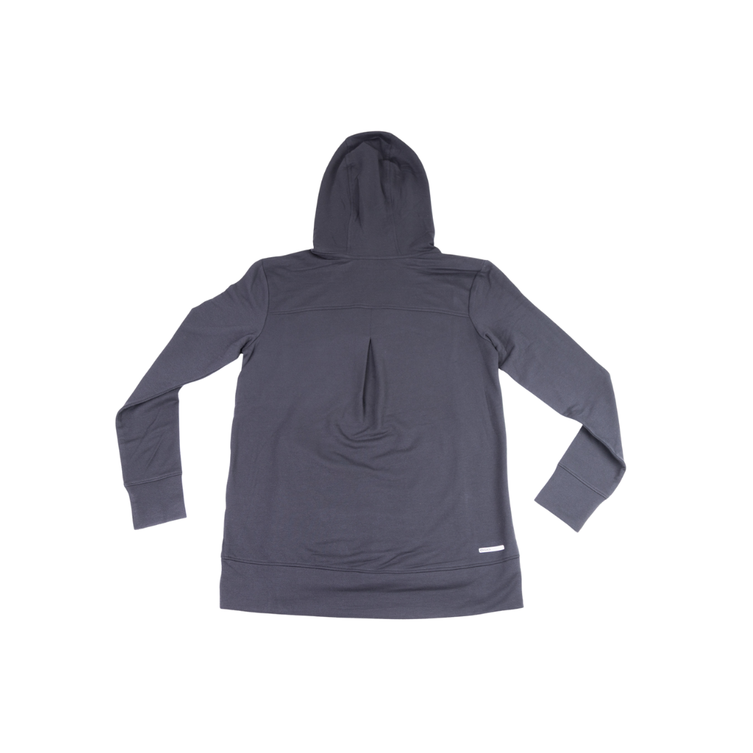 Navy blue hoodie with hood, side pockets, and white logo on chest.