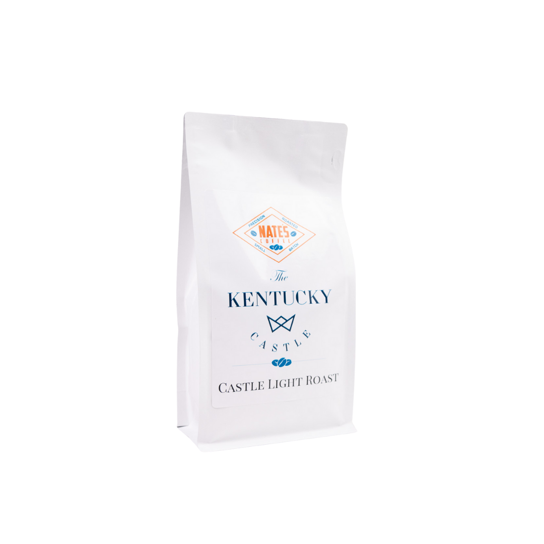White bag of Kentucky flavored coffee, with blue and white logo.