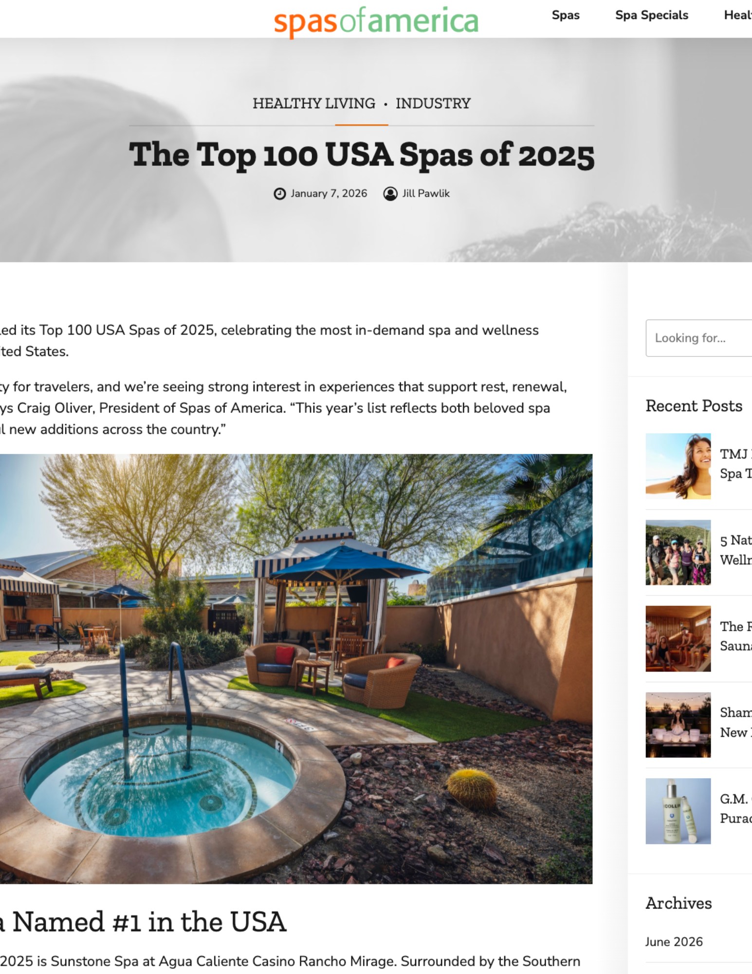 Spas of America webpage featuring “The Top 100 USA Spas of 2025” with a spa courtyard photo and hot tub