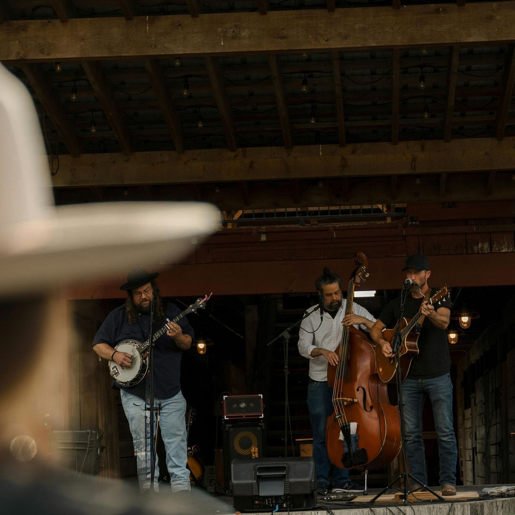 Bluegrass band performing on a wooden stage. Banjo, bass, and guitar players. Outdoors, daytime.